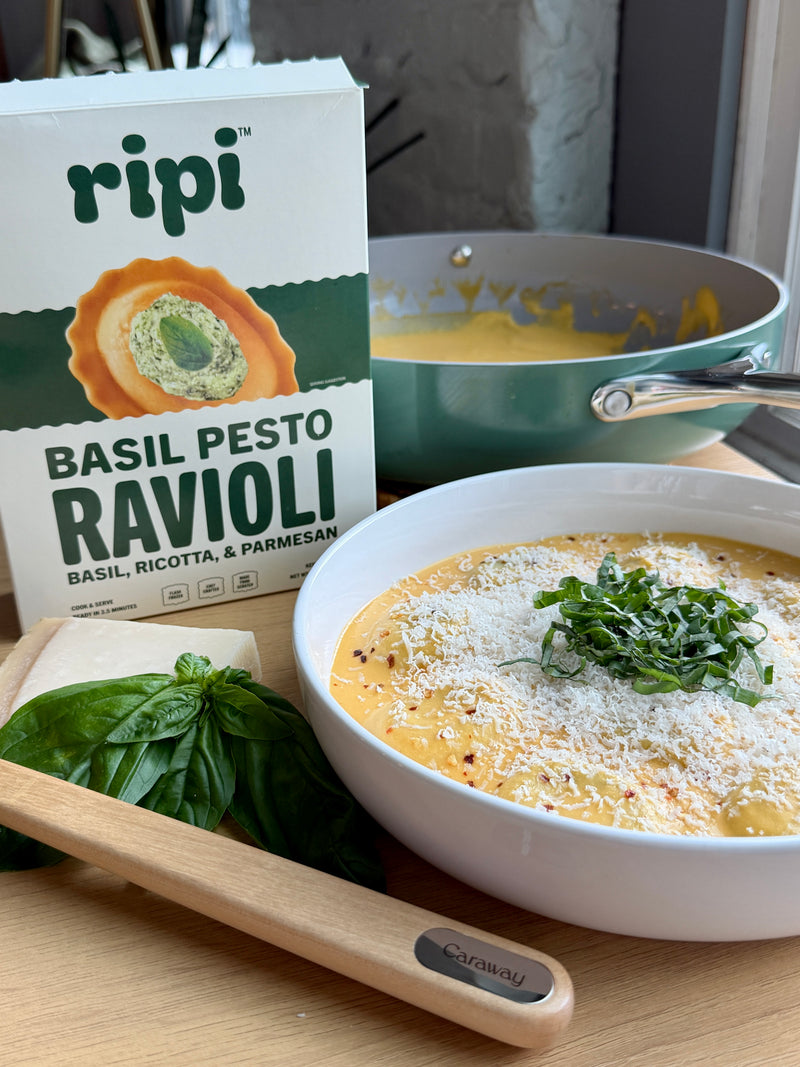 Basil Pesto Ravioli with Creamy Sungold Tomato Sauce