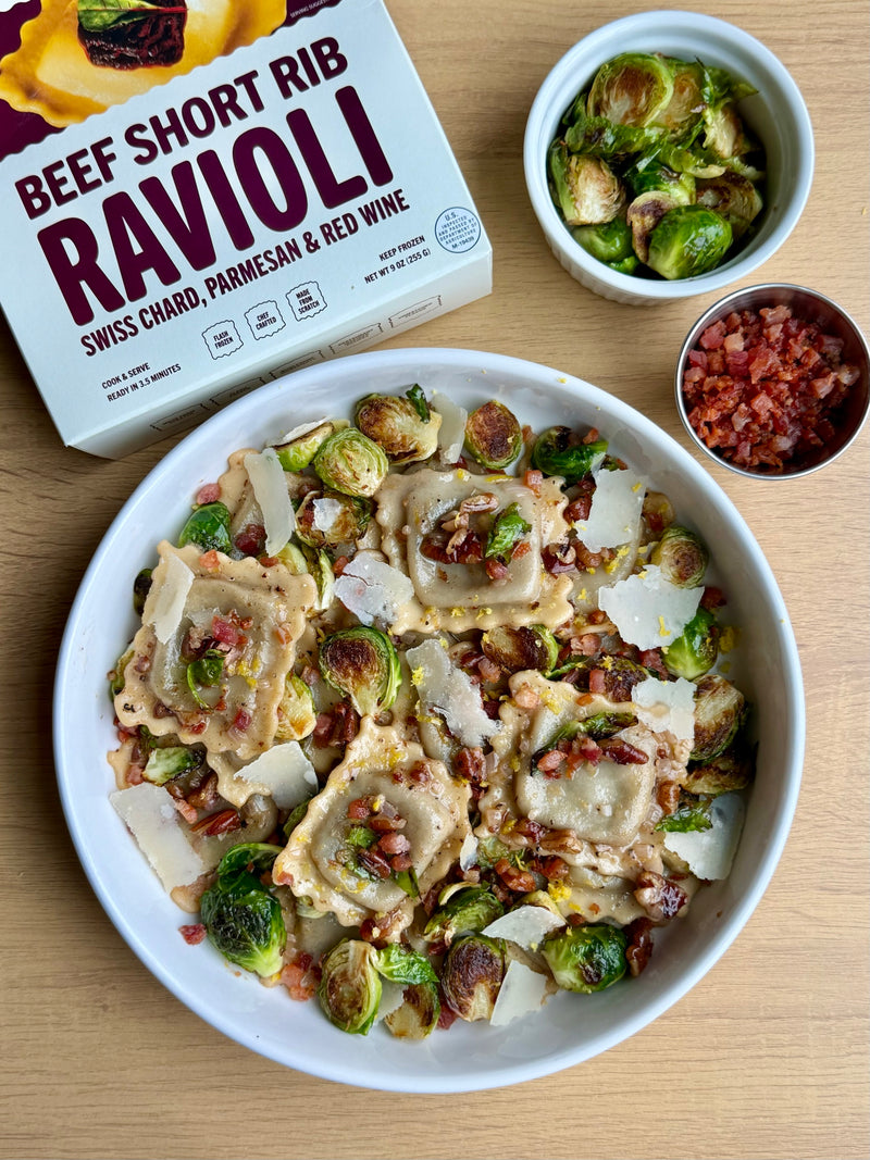 Beef Short Rib Ravioli with Brussels Sprouts and Pancetta