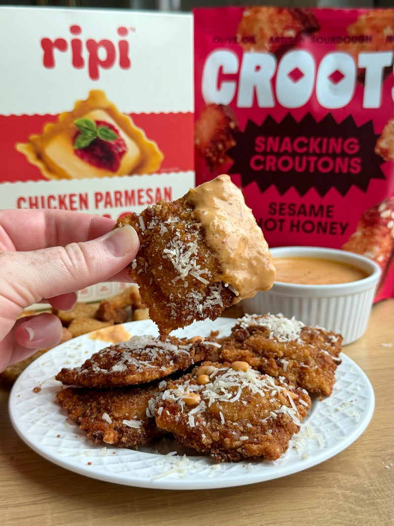 Fried Chicken Parmesan Ravioli with Spicy Caesar Dressing