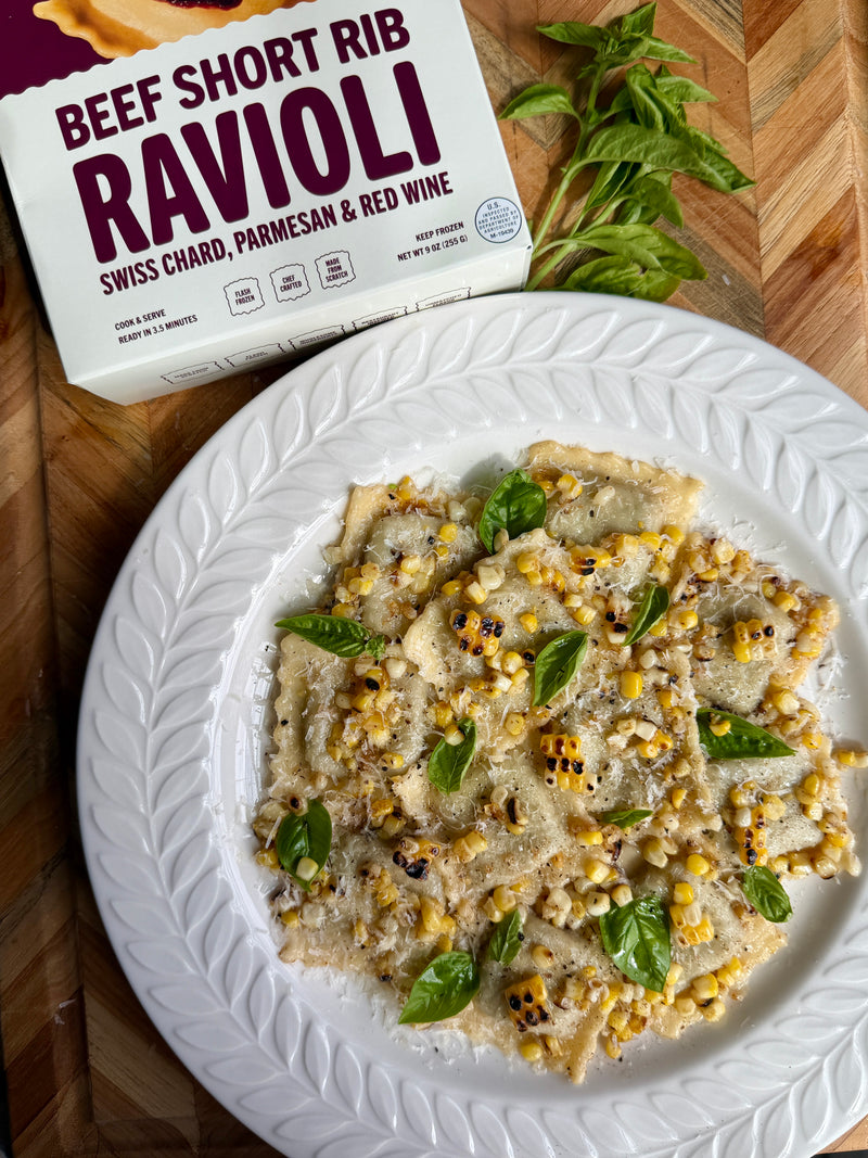 Grilled Corn Brown Butter with Beef Short Rib Ravioli