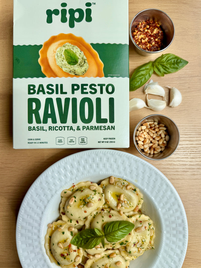 Basil Pesto Ravioli with Aglio e Olio