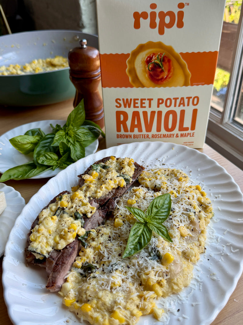 Sweet Potato Ravioli with Corn and Basil