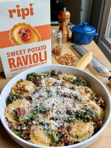 Sweet Potato Ravioli with Sausage and Broccolini