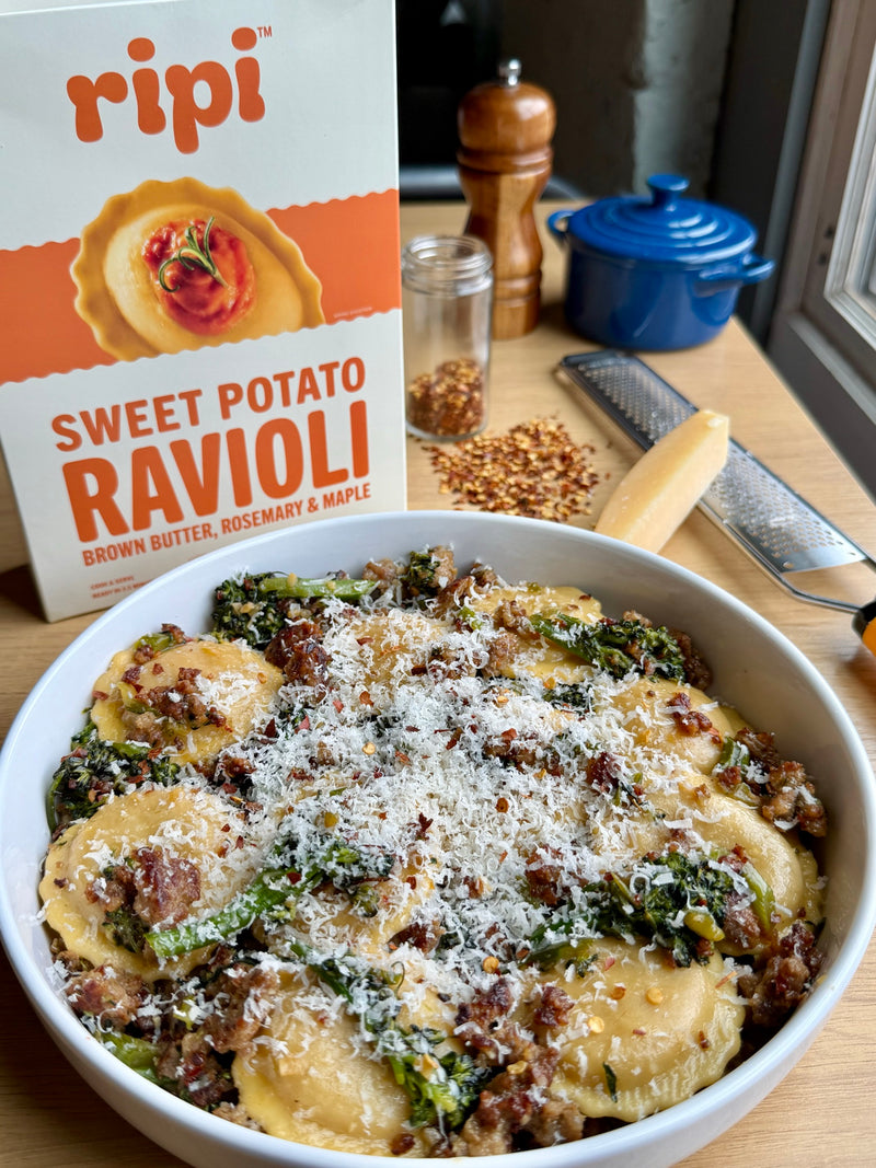 Sweet Potato Ravioli with Sausage and Broccolini